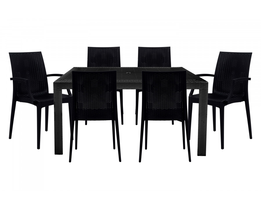 LeisureMod Mace Mid-Century 7-Piece Rectangular Outdoor Dining Set with 4 Side Chairs and 2 Armchairs - Black