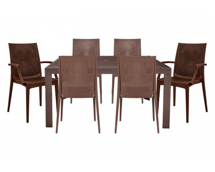 LeisureMod Mace Mid-Century 7-Piece Rectangular Outdoor Dining Set with 4 Side Chairs and 2 Armchairs