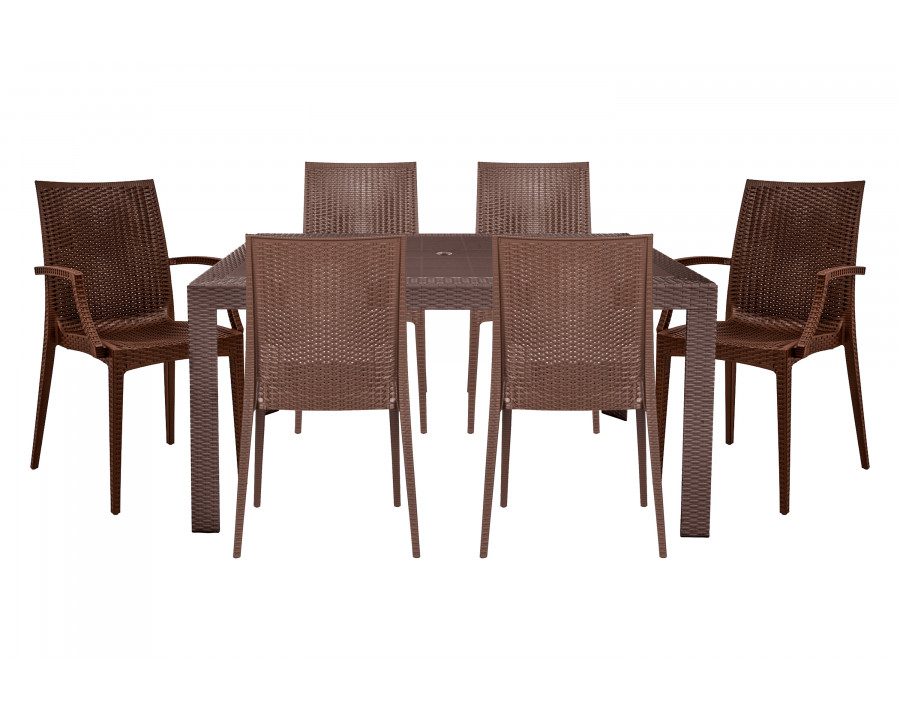 LeisureMod Mace Mid-Century 7-Piece Rectangular Outdoor Dining Set with 4 Side Chairs and 2 Armchairs - Brown