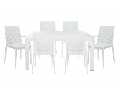 LeisureMod Mace Mid-Century 7-Piece Rectangular Outdoor Dining Set with 4 Side Chairs and 2 Armchairs