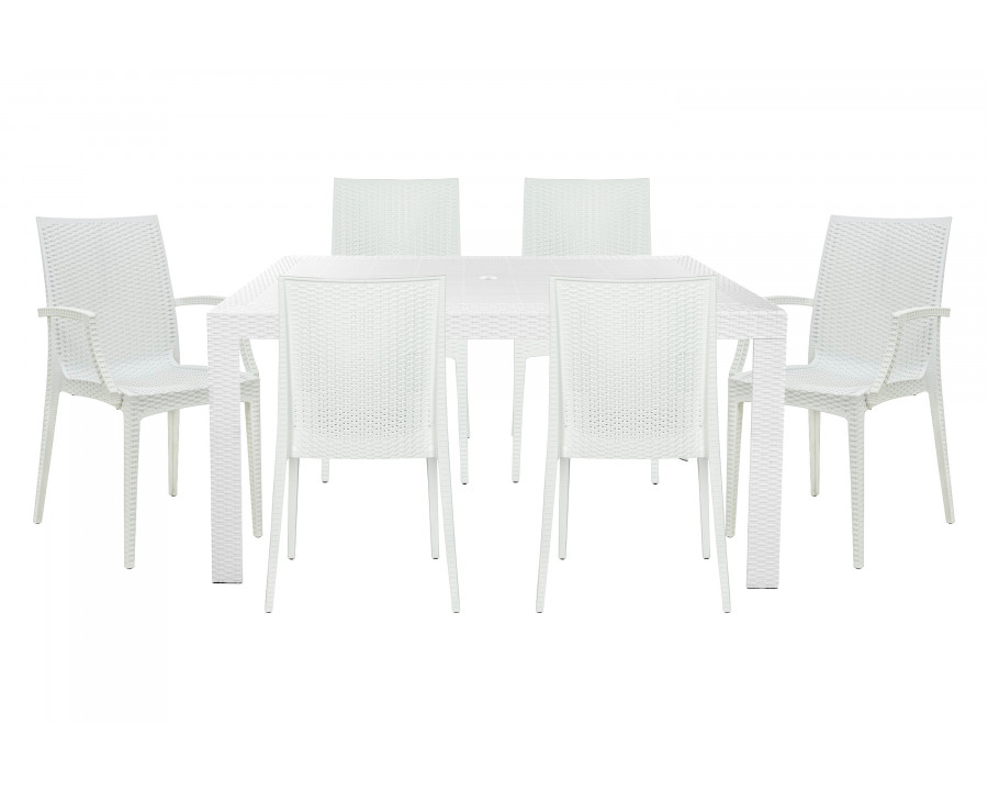 LeisureMod Mace Mid-Century 7-Piece Rectangular Outdoor Dining Set with 4 Side Chairs and 2 Armchairs - White