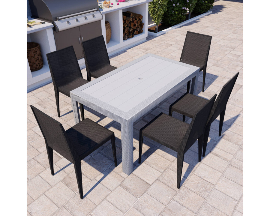 LeisureMod Mace Mid-Century 7-Piece Outdoor Dining Set - White And Black