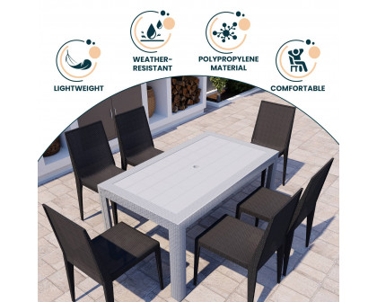 LeisureMod Mace Mid-Century 7-Piece Outdoor Dining Set - White And Black