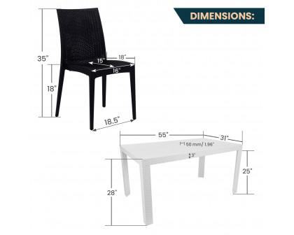 LeisureMod Mace Mid-Century 7-Piece Outdoor Dining Set - White And Black