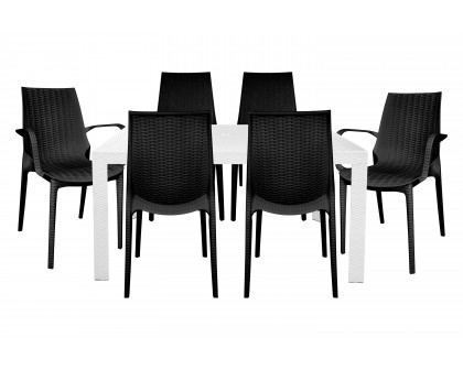 LeisureMod Kent Mid-Century Modern 7-Piece Rectangular Outdoor Dining Set with 4 Side Chairs and 2 Arm Chairs