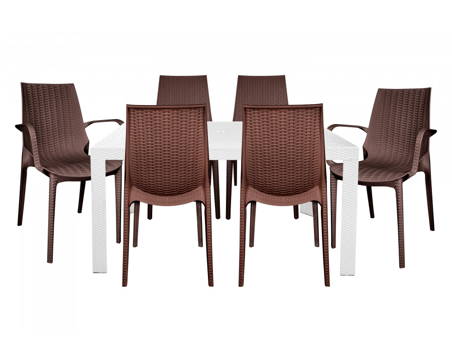 LeisureMod Kent Mid-Century Modern 7-Piece Rectangular Outdoor Dining Set with 4 Side Chairs and 2 Arm Chairs