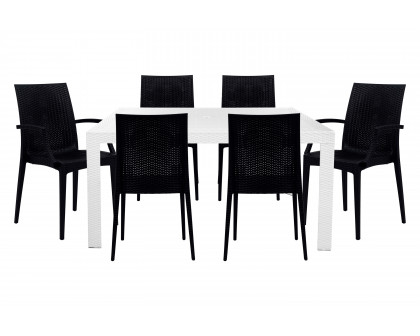 LeisureMod Mace Mid-Century 7-Piece Rectangular Outdoor Dining Set with 4 Side Chairs and 2 Armchairs