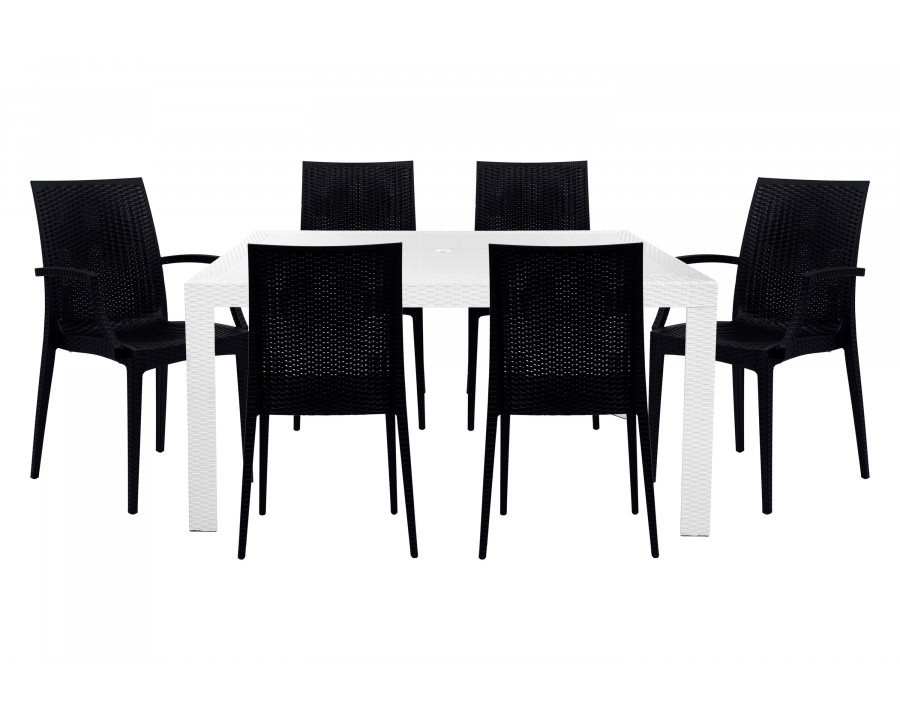 LeisureMod Mace Mid-Century 7-Piece Rectangular Outdoor Dining Set with 4 Side Chairs and 2 Armchairs - White And Black