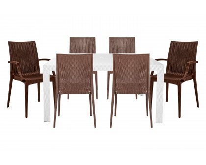 LeisureMod Mace Mid-Century 7-Piece Rectangular Outdoor Dining Set with 4 Side Chairs and 2 Armchairs