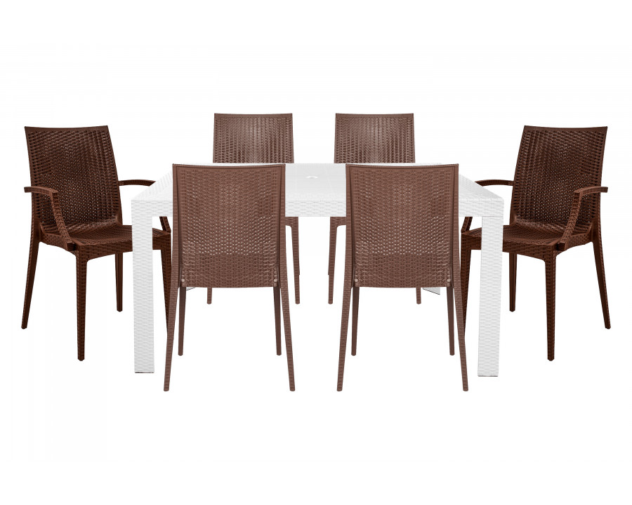 LeisureMod Mace Mid-Century 7-Piece Rectangular Outdoor Dining Set with 4 Side Chairs and 2 Armchairs - White And Brown