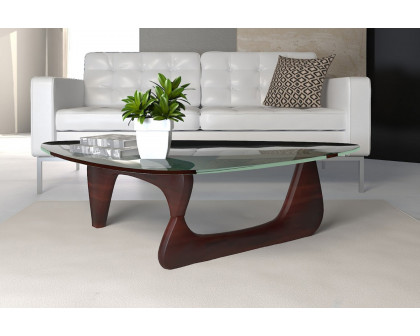 LeisureMod Imperial Modern Glass Top Triangle Coffee Table - Cherry