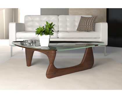 LeisureMod Imperial Modern Glass Top Triangle Coffee Table - Dark Walnut