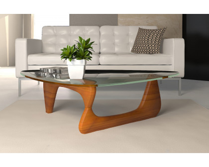 LeisureMod Imperial Modern Glass Top Triangle Coffee Table - Light Walnut