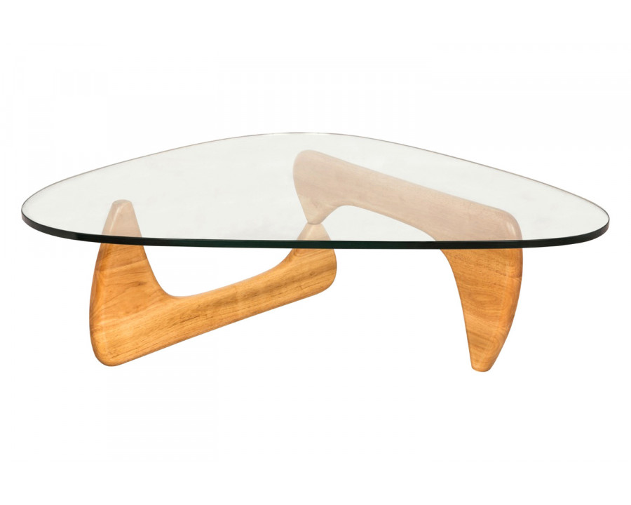 LeisureMod Imperial Modern Glass Top Triangle Coffee Table - Natural Wood