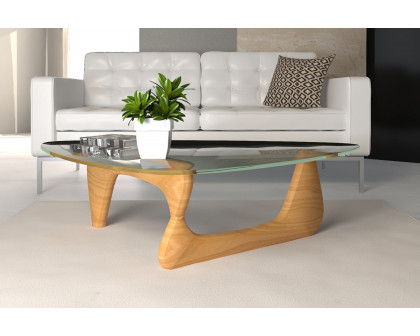 LeisureMod Imperial Modern Glass Top Triangle Coffee Table - Natural Wood