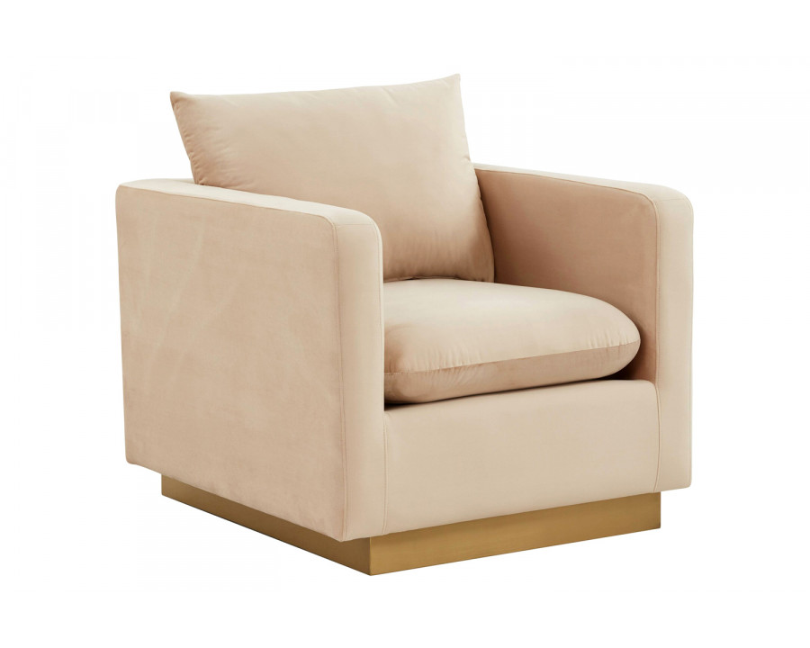 LeisureMod Nervo Modern Mid-Century Upholstered Velvet Accent Chair with Gold Base - Beige