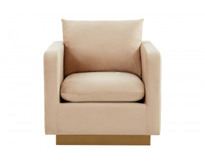 LeisureMod Nervo Modern Mid-Century Upholstered Velvet Accent Chair with Gold Base - Beige