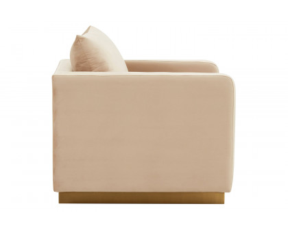 LeisureMod Nervo Modern Mid-Century Upholstered Velvet Accent Chair with Gold Base - Beige