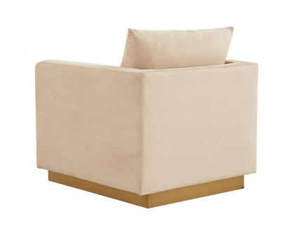 LeisureMod Nervo Modern Mid-Century Upholstered Velvet Accent Chair with Gold Base - Beige