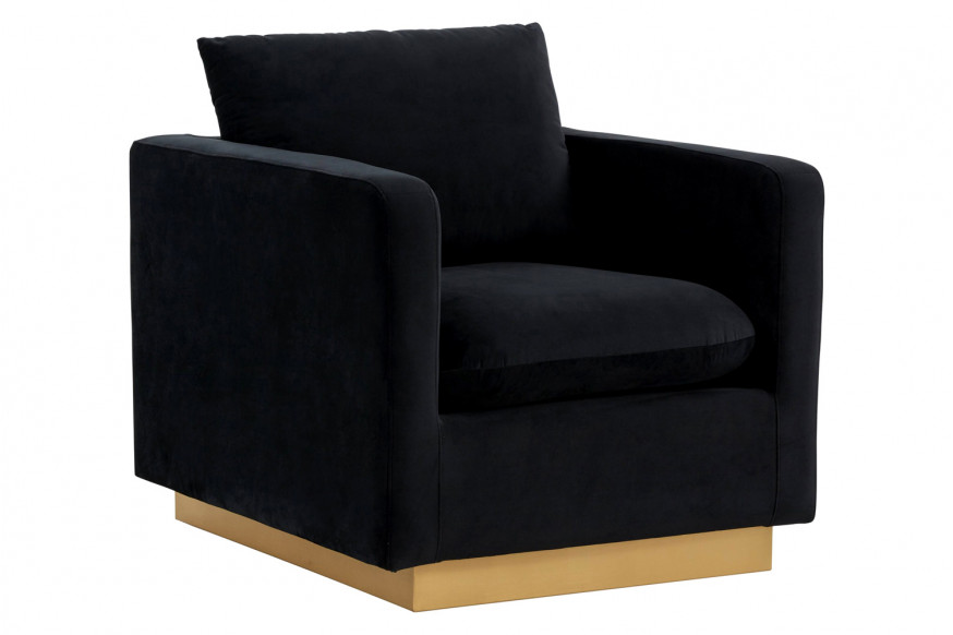 LeisureMod™ Nervo Modern Mid-Century Upholstered Velvet Accent Chair with Gold Base - Midnight Black