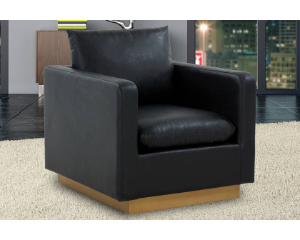 LeisureMod Nervo Modern Mid-Century Upholstered Leather Accent Armchair with Gold Base - Black