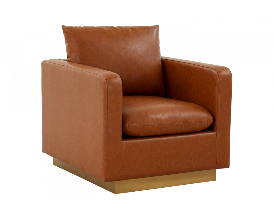 LeisureMod Nervo Modern Mid-Century Upholstered Leather Accent Armchair with Gold Base - Cognac/Tan