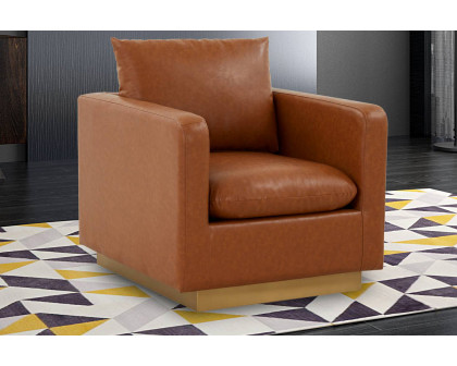 LeisureMod Nervo Modern Mid-Century Upholstered Leather Accent Armchair with Gold Base - Cognac/Tan