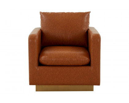 LeisureMod Nervo Modern Mid-Century Upholstered Leather Accent Armchair with Gold Base - Cognac/Tan