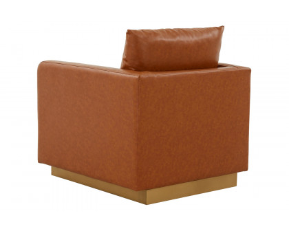 LeisureMod Nervo Modern Mid-Century Upholstered Leather Accent Armchair with Gold Base - Cognac/Tan