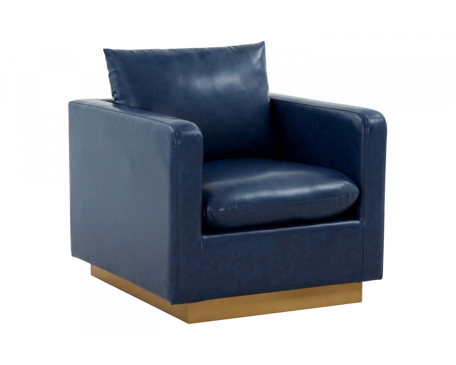 LeisureMod Nervo Modern Mid-Century Upholstered Leather Accent Armchair with Gold Base - Navy Blue