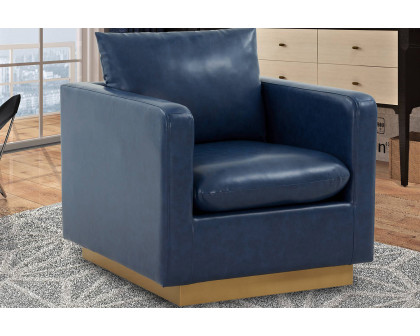 LeisureMod Nervo Modern Mid-Century Upholstered Leather Accent Armchair with Gold Base - Navy Blue