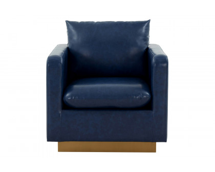 LeisureMod Nervo Modern Mid-Century Upholstered Leather Accent Armchair with Gold Base - Navy Blue