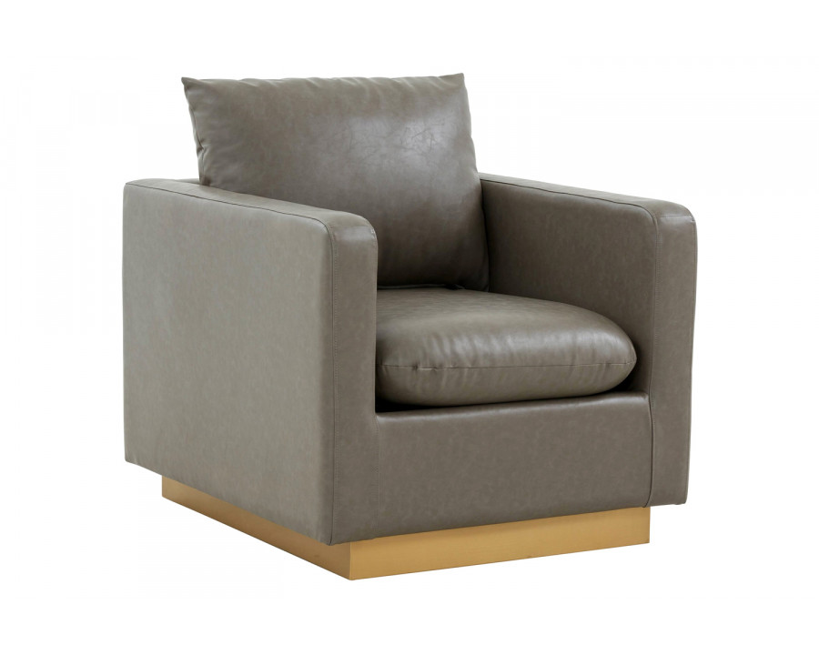 LeisureMod Nervo Modern Mid-Century Upholstered Leather Accent Armchair with Gold Base - Gray