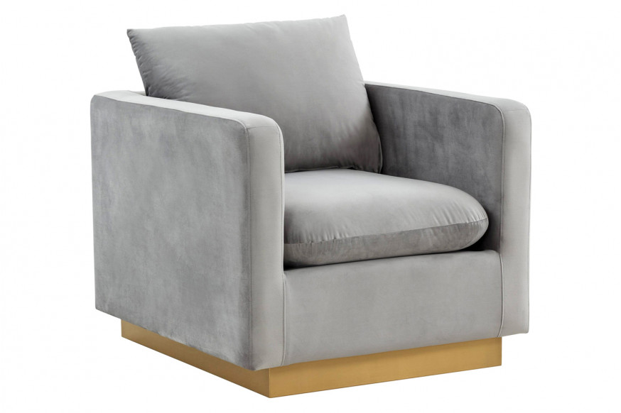 LeisureMod™ Nervo Modern Mid-Century Upholstered Velvet Accent Chair with Gold Base - Light Gray