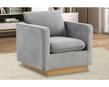 LeisureMod™ Nervo Modern Mid-Century Upholstered Velvet Accent Chair with Gold Base - Light Gray