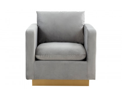 LeisureMod™ Nervo Modern Mid-Century Upholstered Velvet Accent Chair with Gold Base - Light Gray