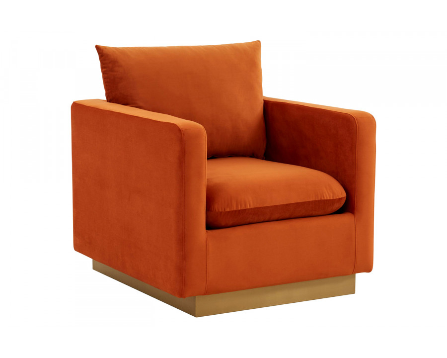 LeisureMod Nervo Modern Mid-Century Upholstered Velvet Accent Chair with Gold Base - Orange/Marmalade