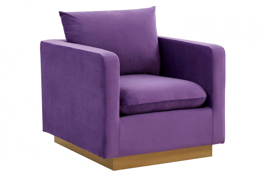 LeisureMod™ Nervo Modern Mid-Century Upholstered Velvet Accent Chair with Gold Base - Purple