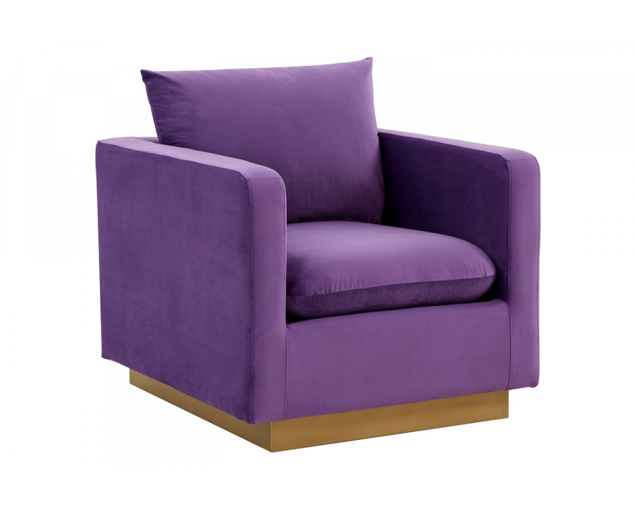 LeisureMod Nervo Modern Mid-Century Upholstered Velvet Accent Chair with Gold Base - Purple