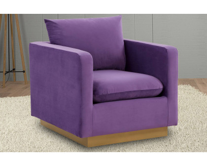 LeisureMod™ Nervo Modern Mid-Century Upholstered Velvet Accent Chair with Gold Base - Purple