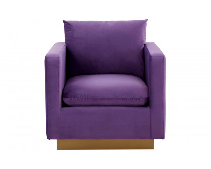 LeisureMod™ Nervo Modern Mid-Century Upholstered Velvet Accent Chair with Gold Base - Purple