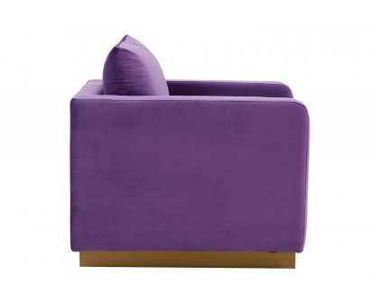 LeisureMod™ Nervo Modern Mid-Century Upholstered Velvet Accent Chair with Gold Base - Purple