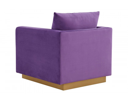 LeisureMod™ Nervo Modern Mid-Century Upholstered Velvet Accent Chair with Gold Base - Purple