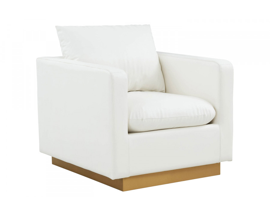 LeisureMod Nervo Modern Mid-Century Upholstered Leather Accent Armchair with Gold Base - White