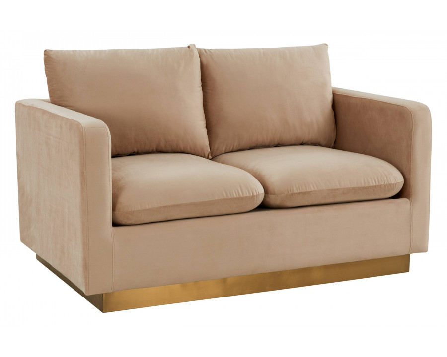 LeisureMod Nervo Modern Mid-Century Upholstered Velvet Loveseat with Gold Base - Beige