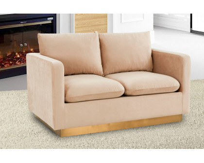 LeisureMod Nervo Modern Mid-Century Upholstered Velvet Loveseat with Gold Base - Beige