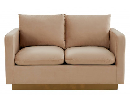 LeisureMod Nervo Modern Mid-Century Upholstered Velvet Loveseat with Gold Base - Beige