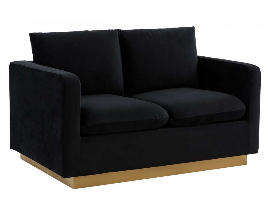 LeisureMod Nervo Modern Mid-Century Upholstered Velvet Loveseat with Gold Base - Midnight Black