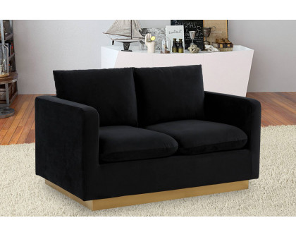 LeisureMod Nervo Modern Mid-Century Upholstered Velvet Loveseat with Gold Base - Midnight Black