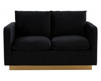 LeisureMod Nervo Modern Mid-Century Upholstered Velvet Loveseat with Gold Base - Midnight Black